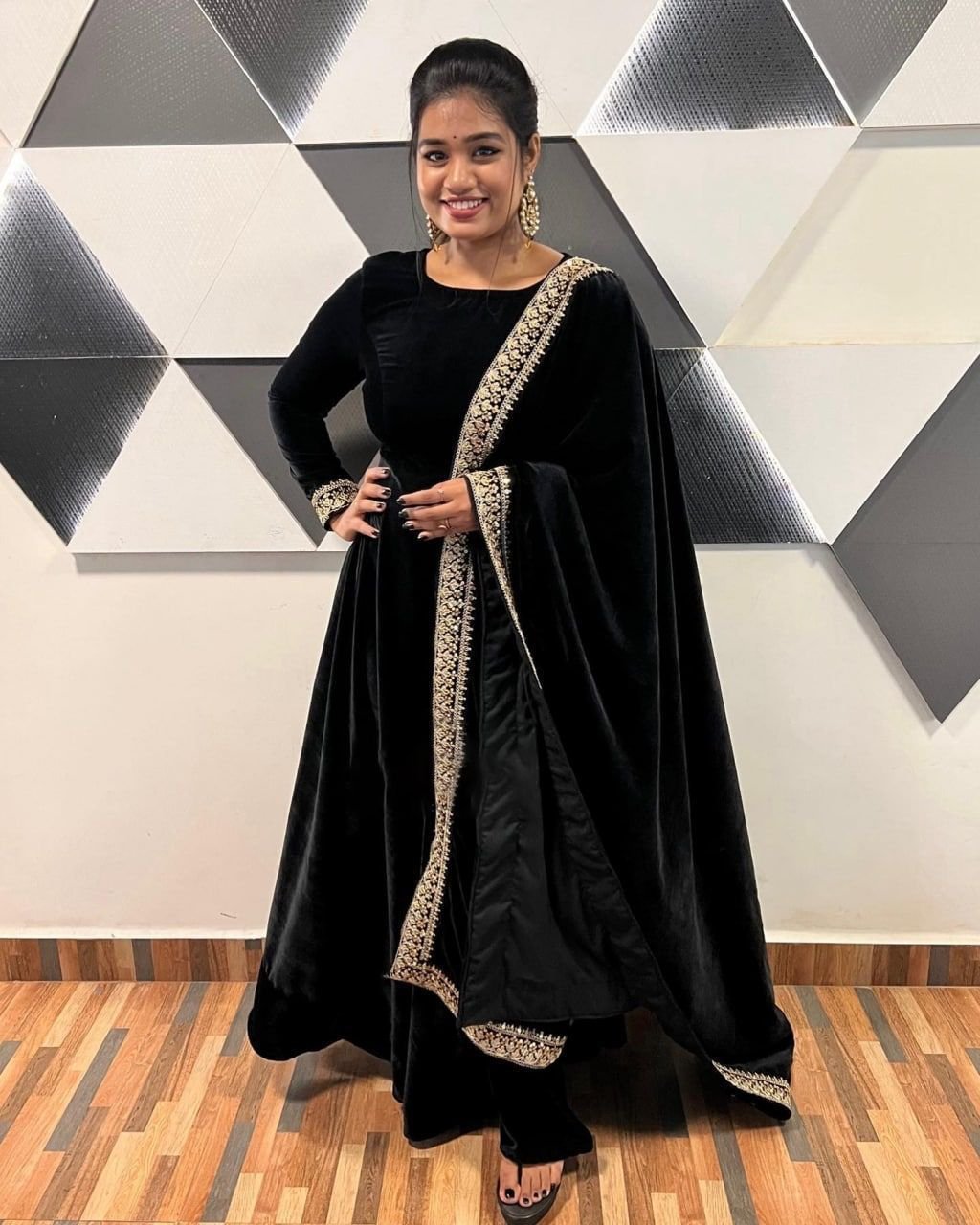 Stylish Black Gown With Embroidered Dupatta