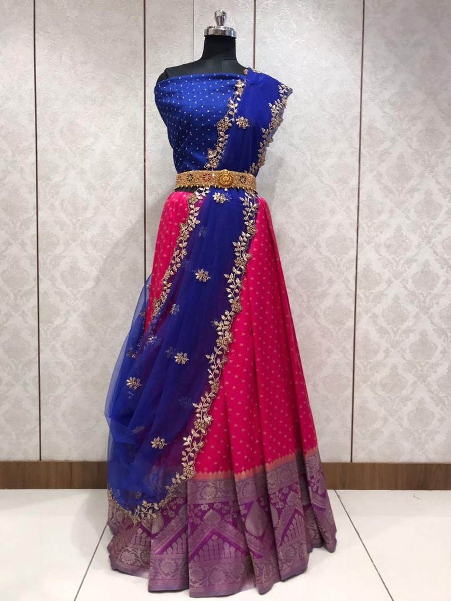 AanyaSri Boutique - Stunning teal blue & pink banaras soft silk lehenga  paired with matching organza cutwork dupatta 💕 . . DM to place an order .  . . . #traditionallehengas #southindianfashion #