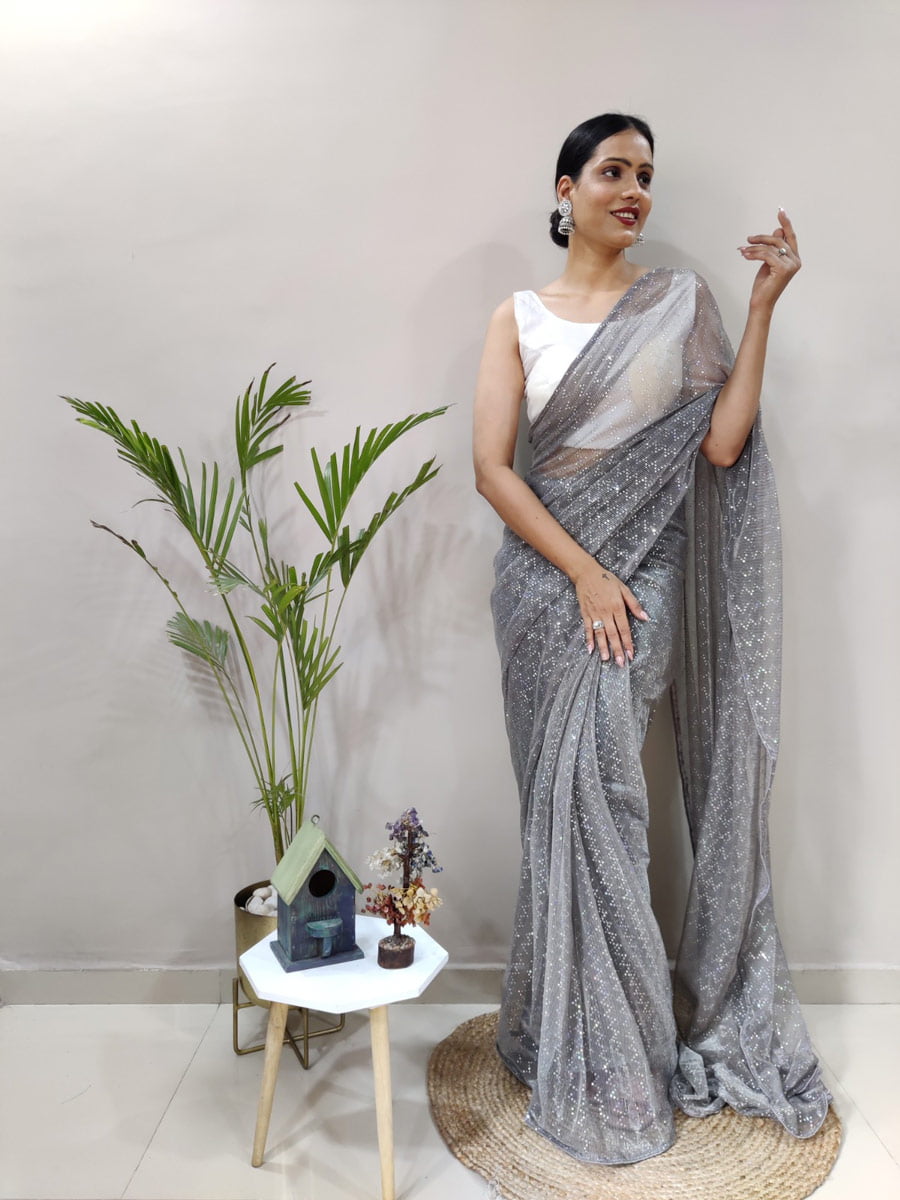 Embroidered Georgette Saree in Grey with Blouse - SR22897