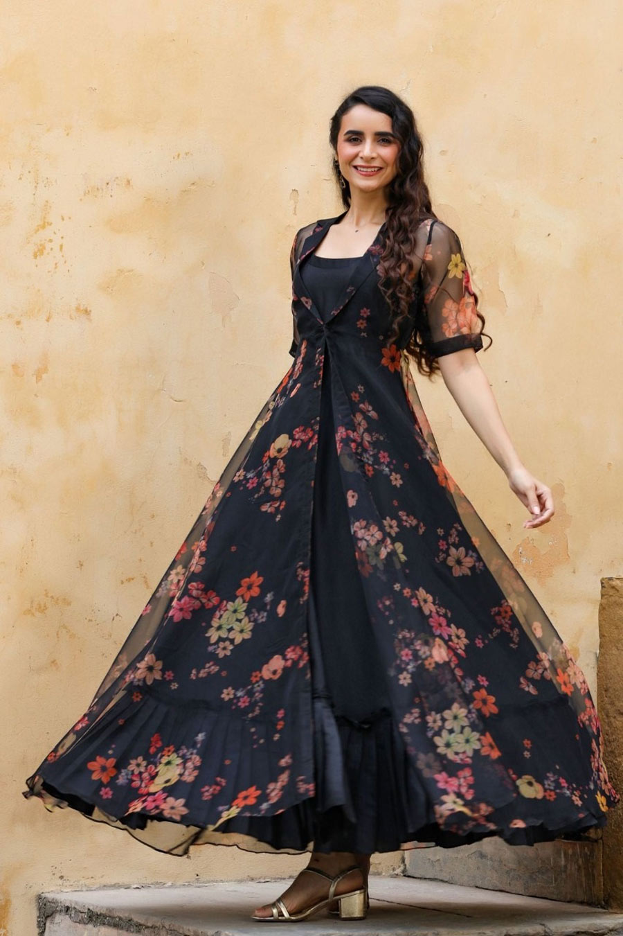 Buy Black Color Plain With Zari Weaving Work Patta Chinon Wedding Gown