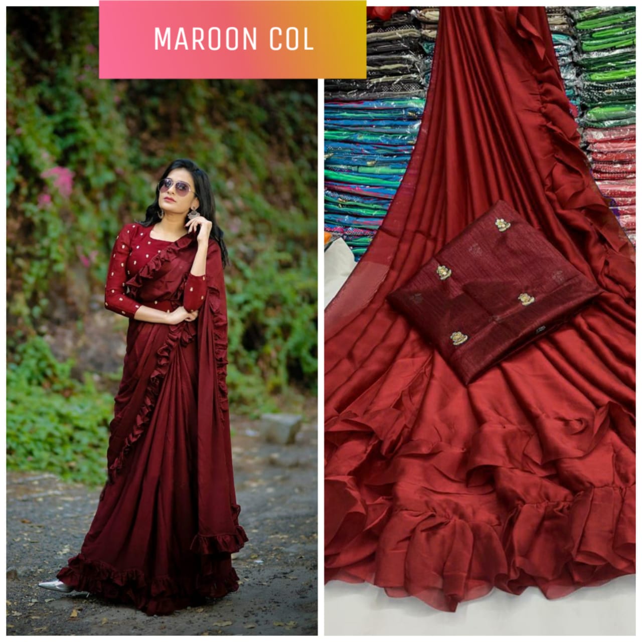 IYHA3572 Made to Measure Maroon Ruffled Saree & Black Sequence Off-Shoulder  Embellished Blouse – Chhabra 555