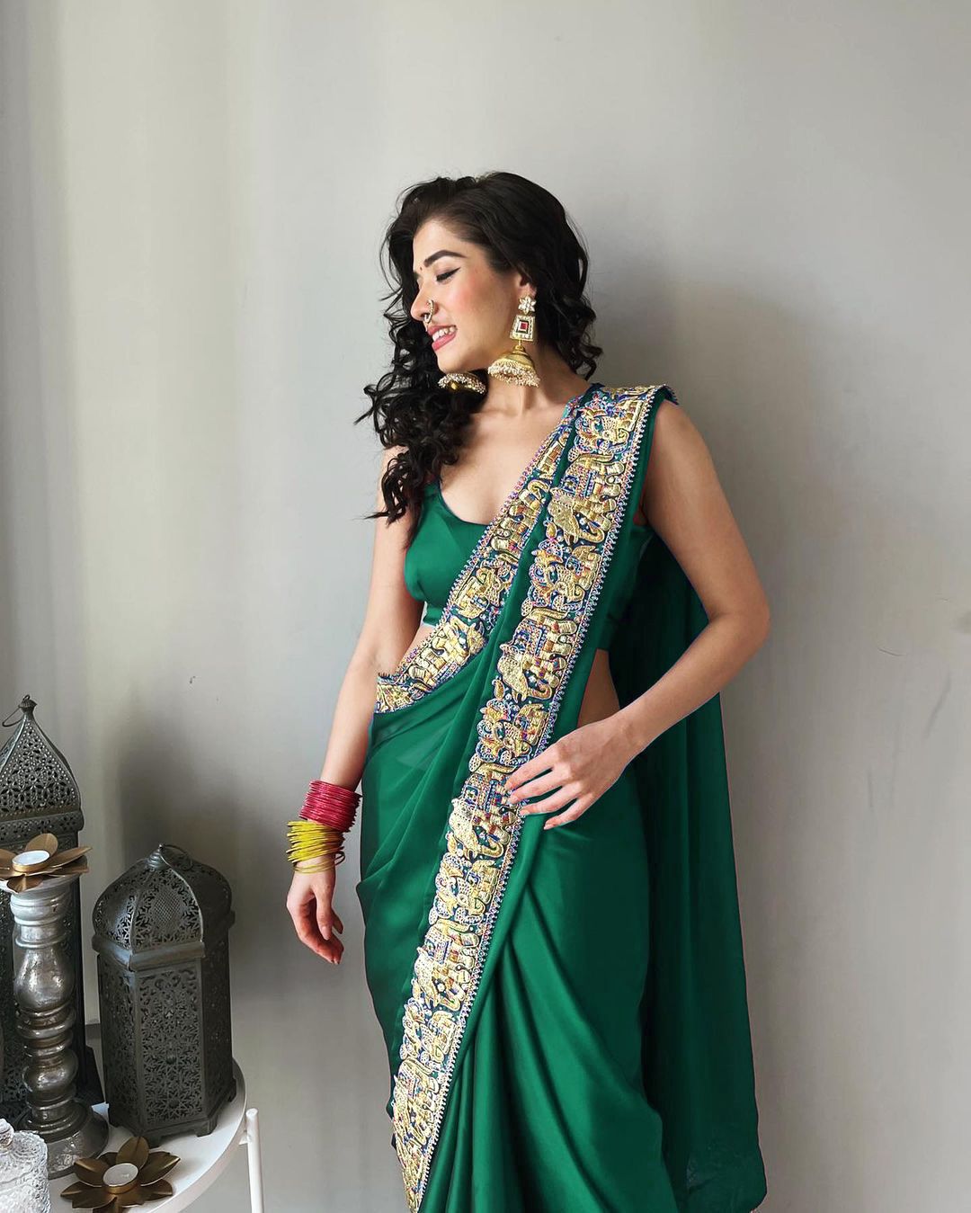 Bottle Green Satin Silk Plain Saree & Gold Sequence Embroidery Unstitch  Blouse for Women Wear Partywear Sari Wedding Wear Sari in USA, UK,CA 