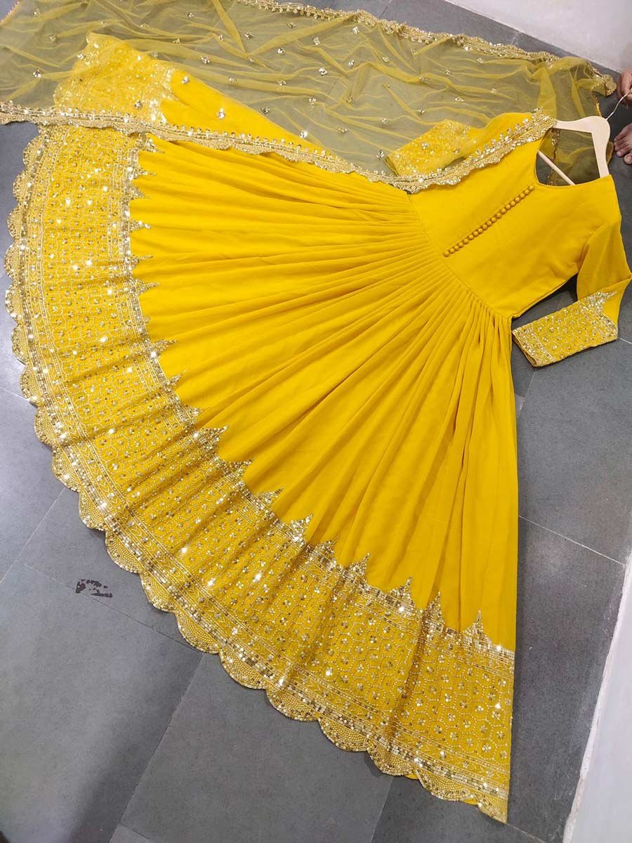White & Yellow Gown with Taby Silk Party Wear – Amuly Fashion