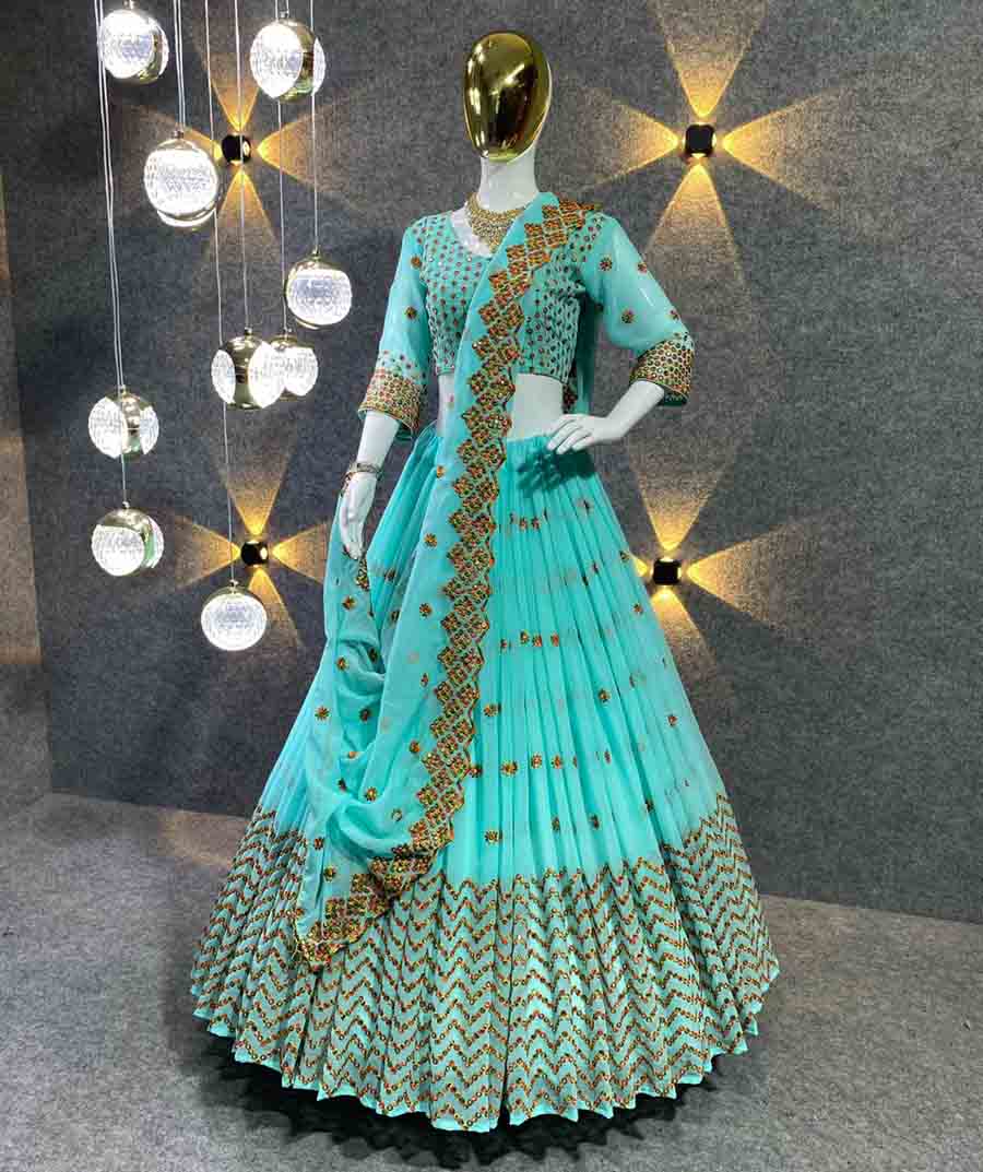 Embroidered Net Tiered Lehenga Choli in Sky Blue - Ucchal Fashion