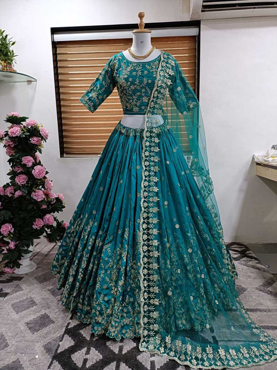 Rama Blue Wedding Wear Woven-Embellished Banarasi Silk Lehenga Choli