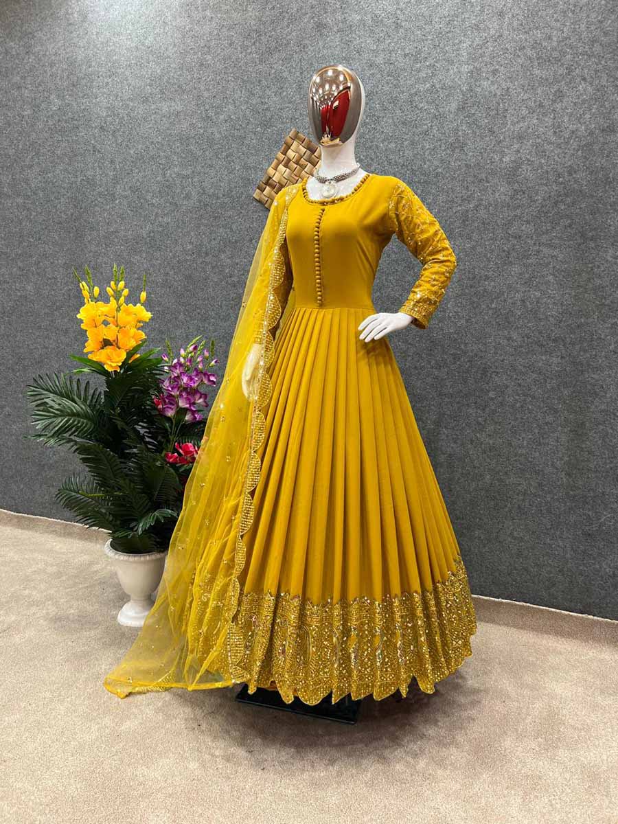 Shop Online Embroidered and Floral Patch Work Chinon Designer Gown In  Mustard : 282179 -