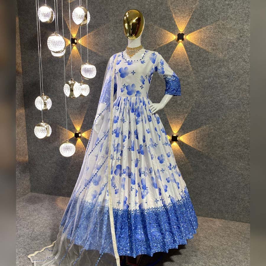 Blue Mirror work Gown with Dupatta