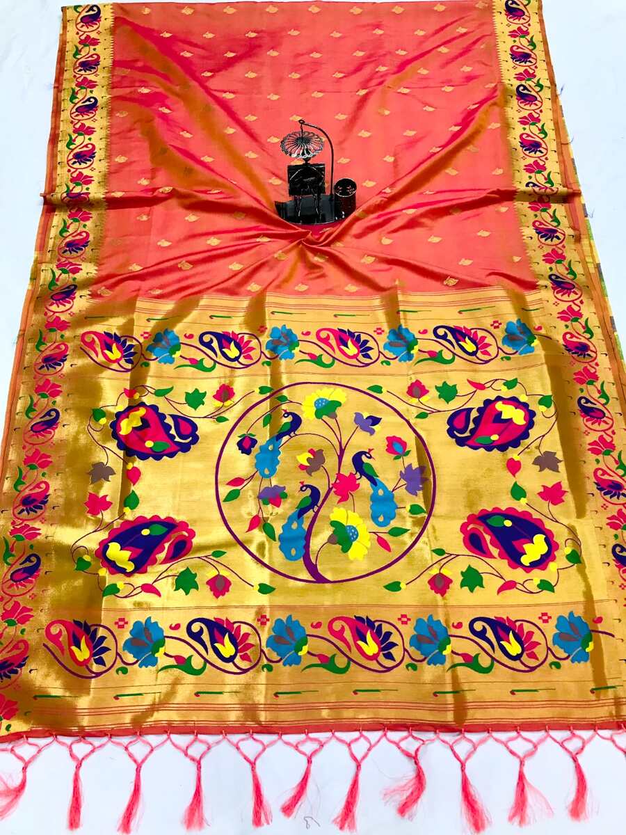 Peach Banarasi Soft Lichi Silk Saree With Zari Weaving, Designer