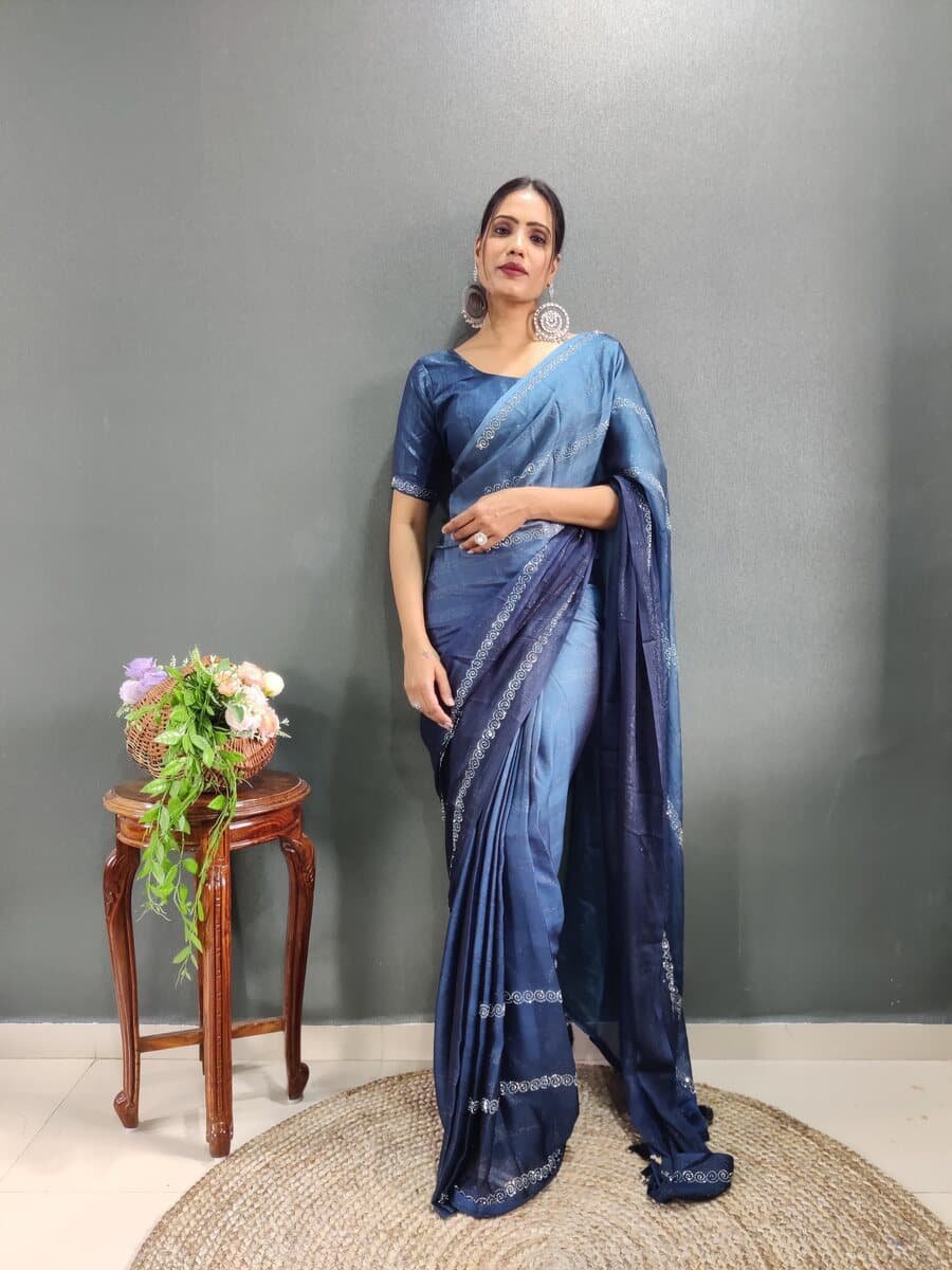 WiMO Ready to wear saree, 1 minute saree, Kalyani silk cotton saree with  contrast zari border and contrast blouse : Amazon.in: Fashion
