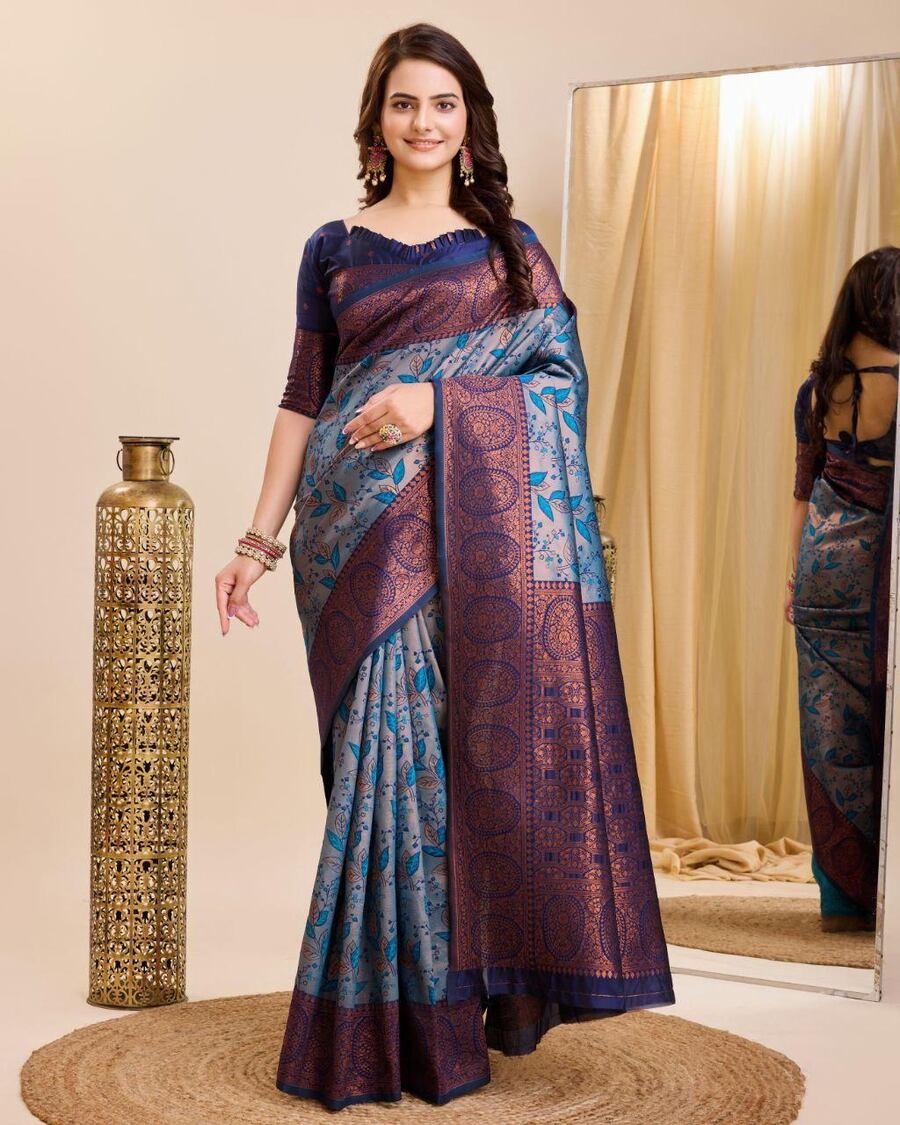 Beautiful Coper Jari Design Kanjivaram Soft Silk Saree For Women Tradi -  Blouse piece:Yes, the saree comes up with a Blouse piece of 0.8 meters.  This saree is new beautiful .Design soft